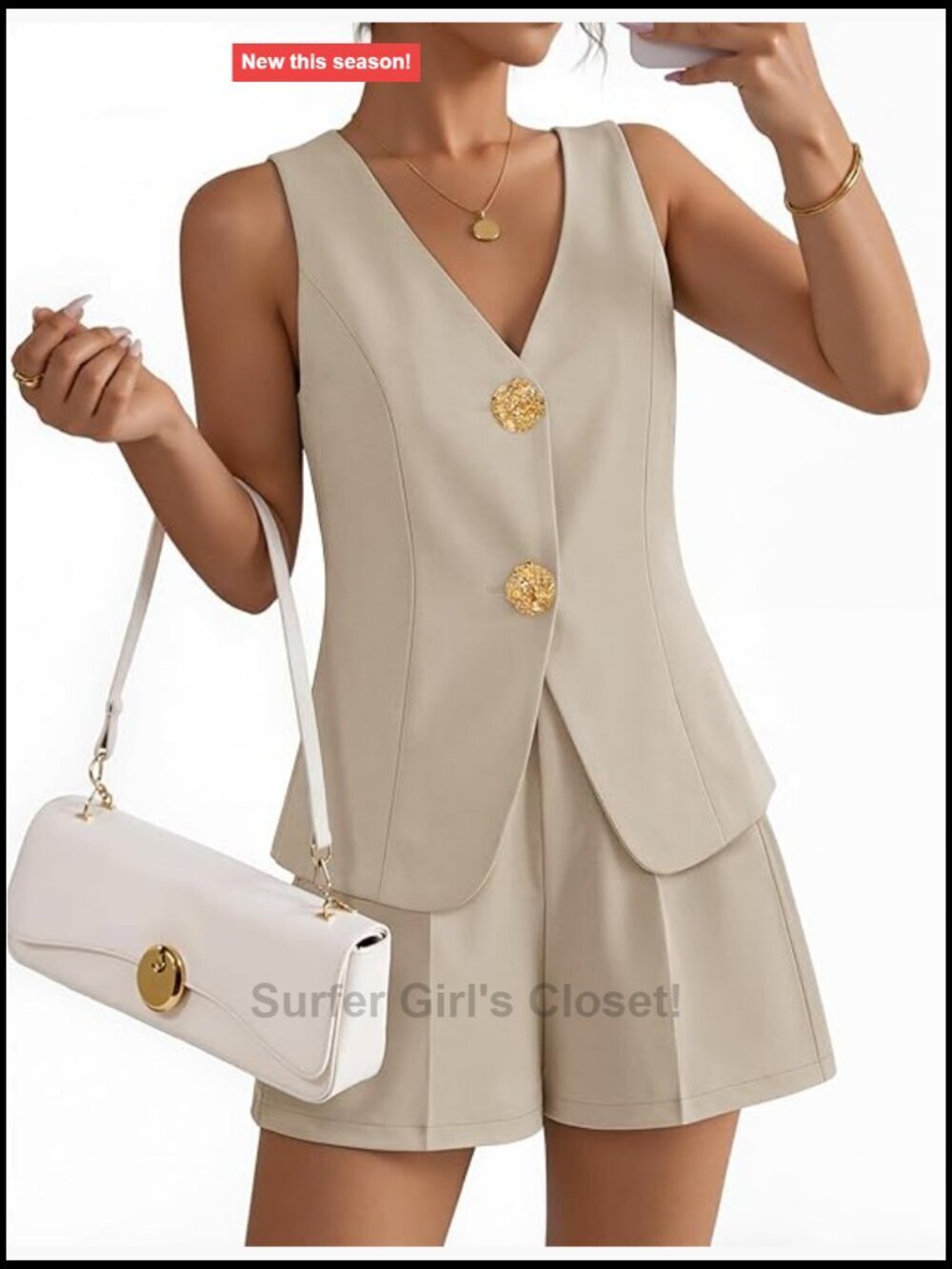 Women's 2 Piece Sleeveless Button Vest and Shorts Set Business Casual Outfit